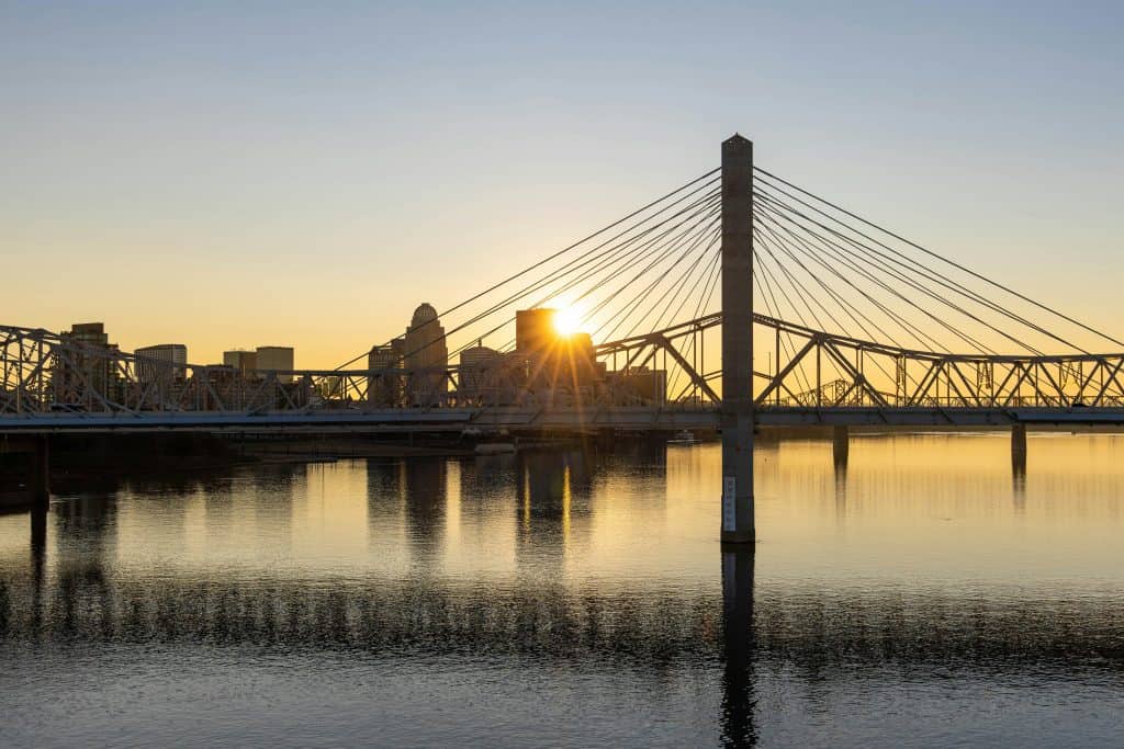 City skyline with a modern bridge at sunset, reflecting on the water.