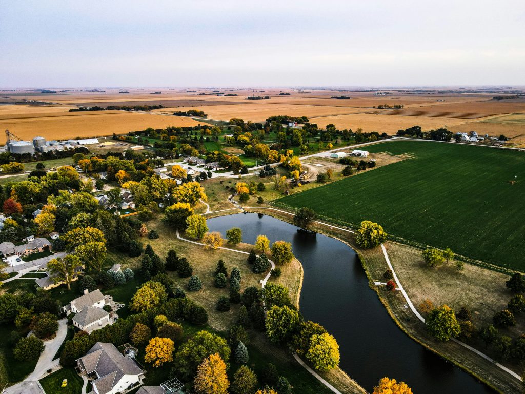 Rural farmland and small-town landscape in Nebraska near Churches of Christ in Nebraska