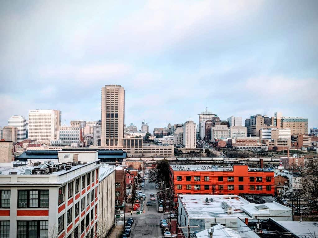 Urban cityscape featuring skyscrapers and buildings in a winter setting.