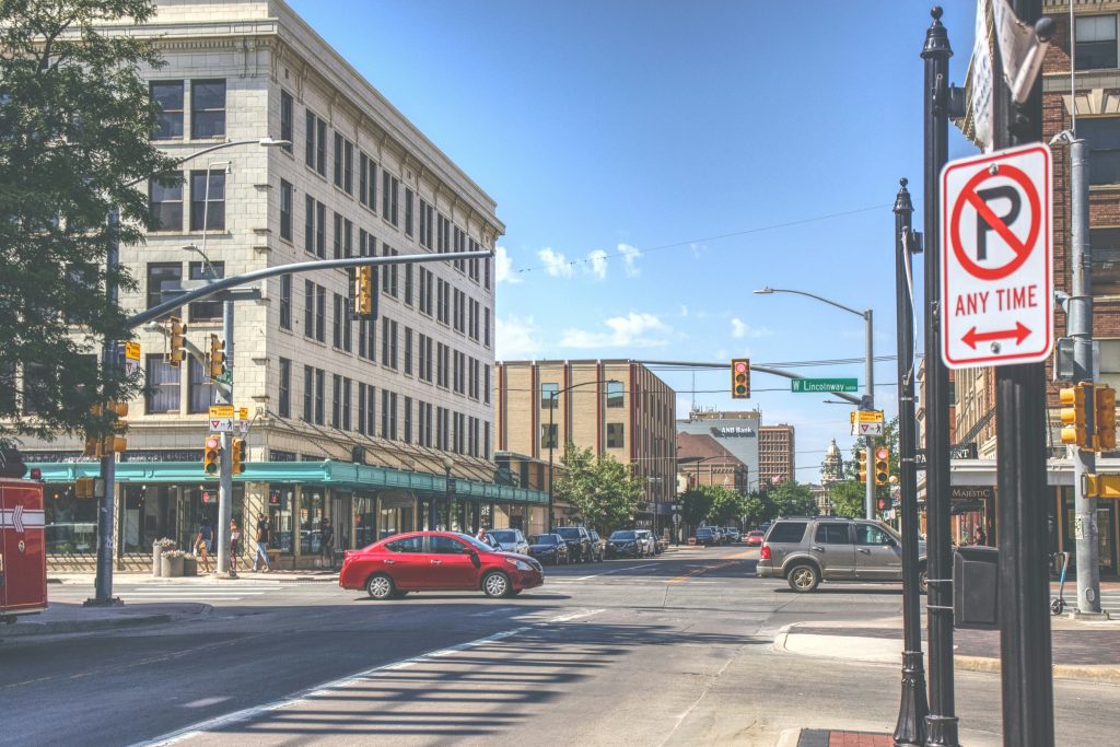 Downtown street and local businesses in Wyoming near Churches of Christ in Wyoming
